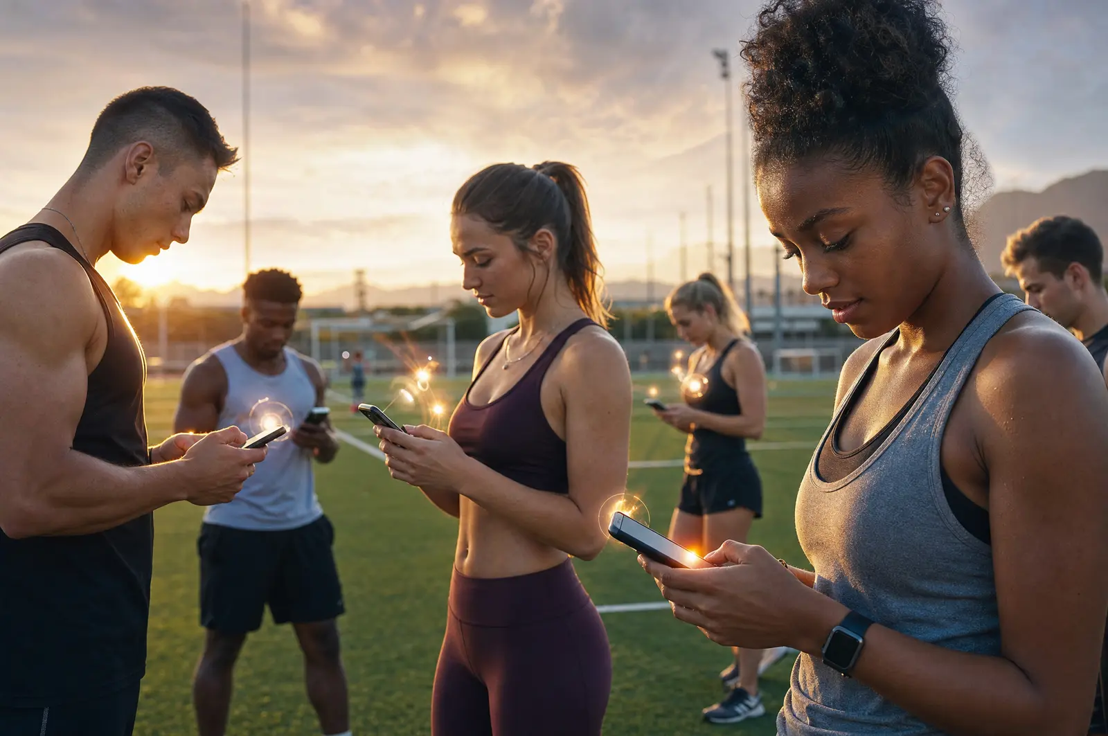 Grupa sportowców korzystających z aplikacji na boisku podczas zachodu słońca