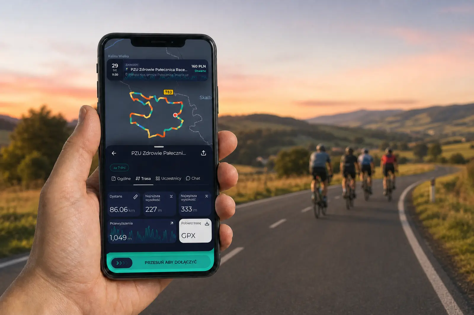 Ekran smartfona z aplikacją sportową pokazujący listę uczestników i opcję potwierdzania udziału w zawodach.