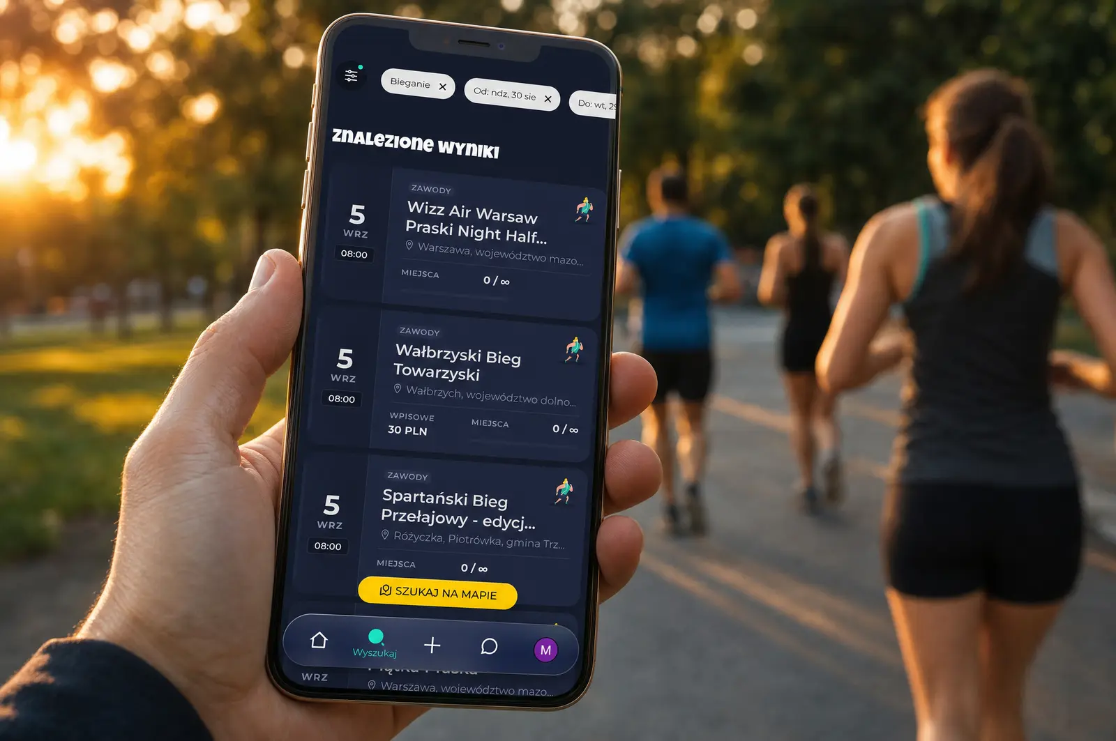 Smartfon z aplikacją sportową Kto Będzie pokazujący listę wydarzeń na tle rozmytego boiska piłkarskiego o zachodzie słońca