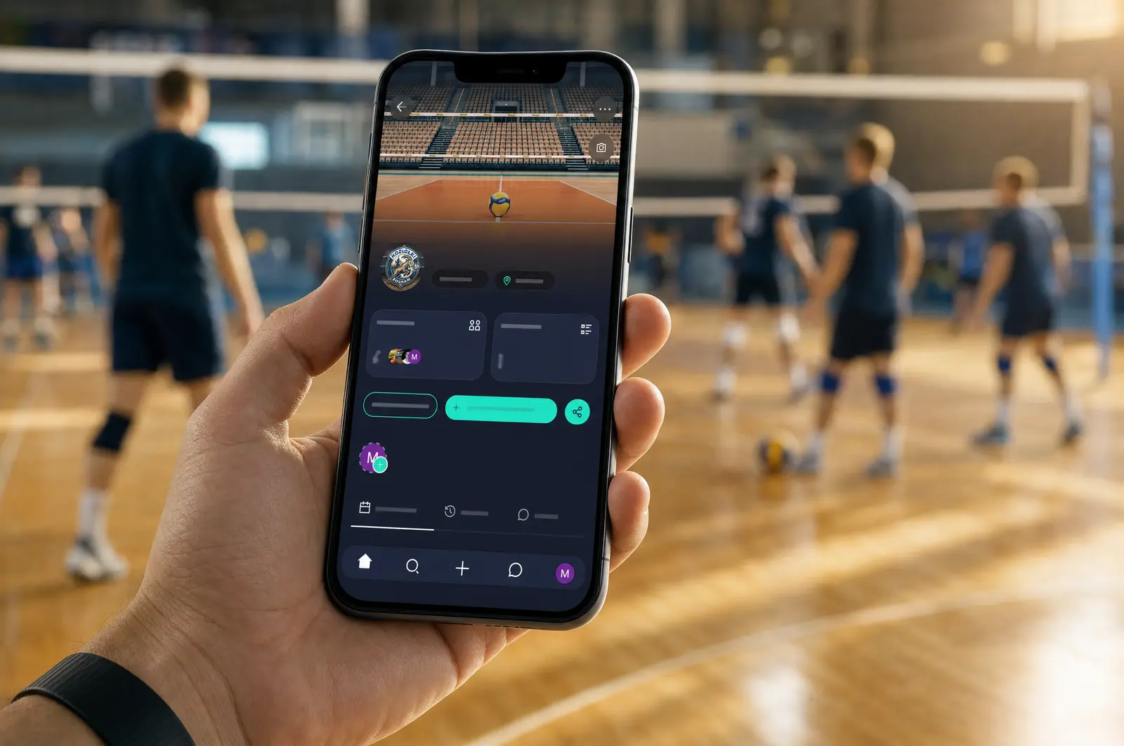 Interfejs aplikacji do zarządzania zespołem sportowym na smartfonie w tle boiska piłkarskiego