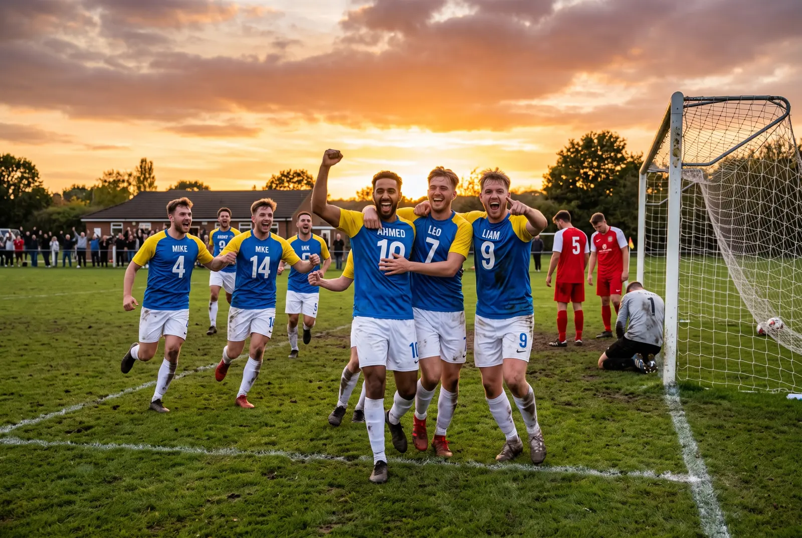 Piłkarze amatorzy celebrujący gola na lokalnym boisku podczas meczu ligowego w świetle zachodzącego słońca