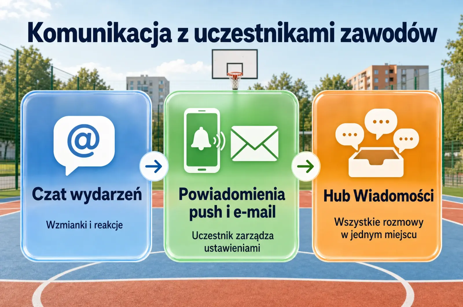 Schemat komunikacji z uczestnikami zawodów: czat wydarzeń z wzmiankami i reakcjami, powiadomienia push i e-mail zarządzane przez uczestnika oraz Hub Wiadomości zbierający wszystkie rozmowy w jednym miejscu.