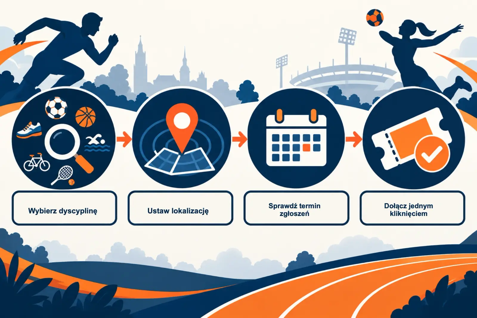 Infografika pokazująca cztery kroki wyszukiwania zawodów sportowych: wybór dyscypliny, ustawienie lokalizacji, sprawdzenie terminu zgłoszeń i dołączenie jednym kliknięciem.