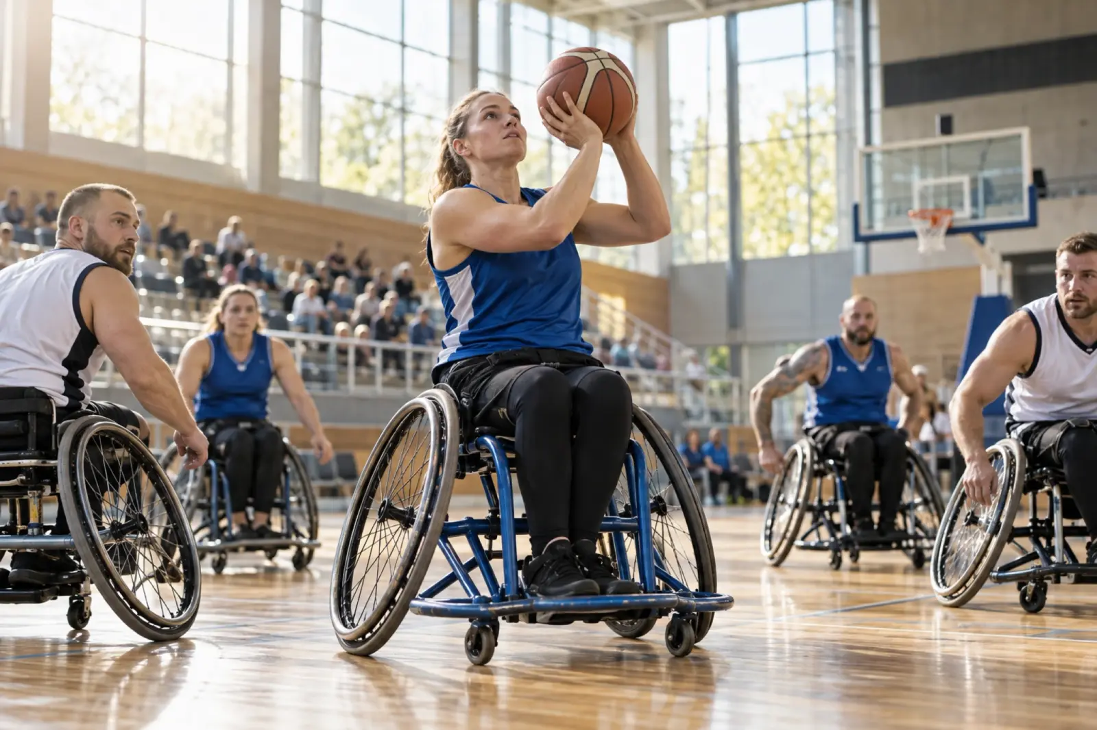 Zawodnicy na wózkach inwalidzkich grający w koszykówkę w jasnej hali sportowej