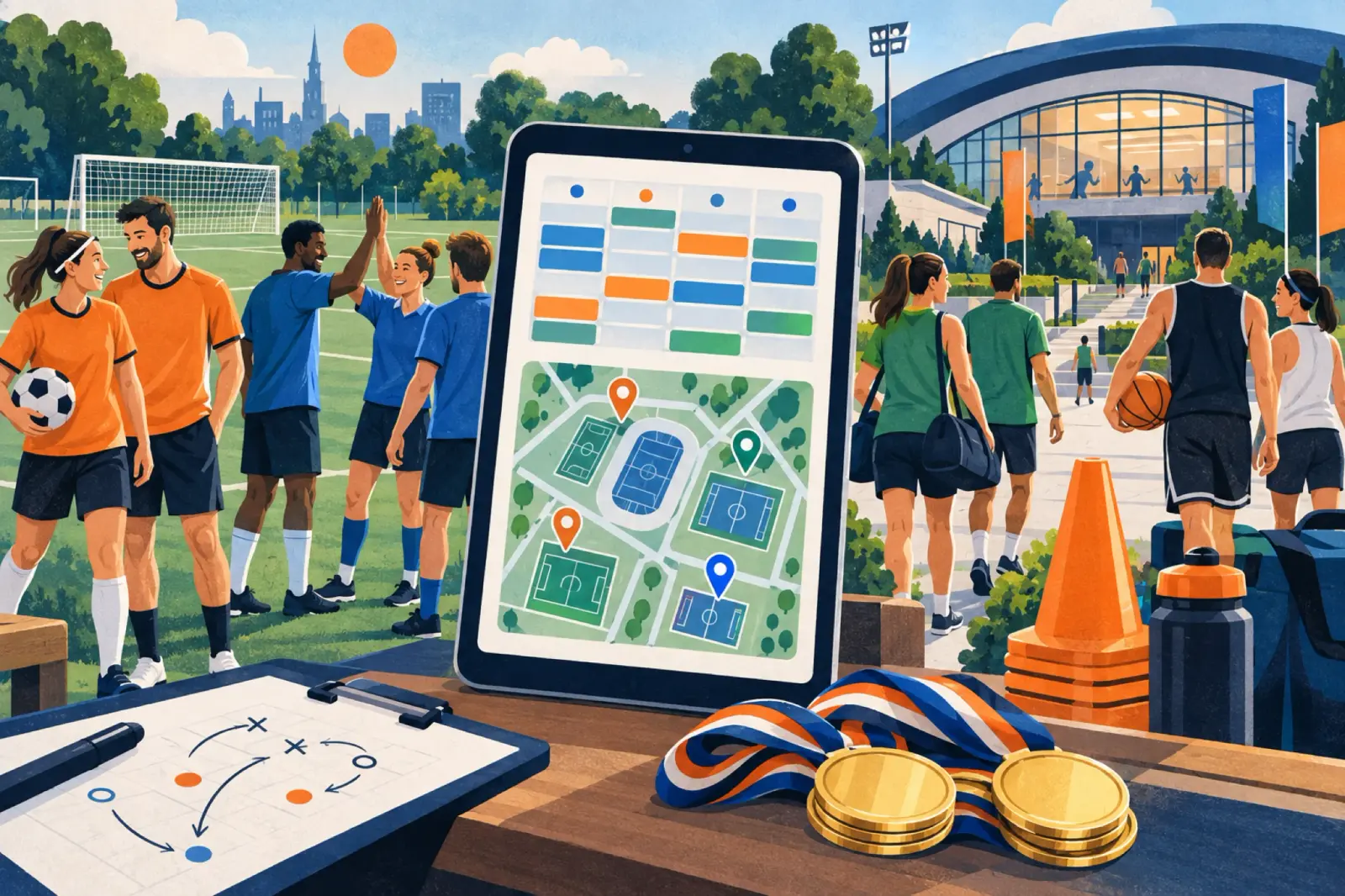 Cztery kroki organizacji wydarzenia sportowego: wybór typu wydarzenia, ustawienie lokalizacji i terminu, określenie limitu uczestników i terminu zgłoszeń, komunikacja z uczestnikami przez czat wydarzenia i Hub Wiadomości.